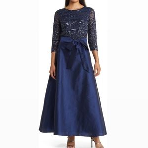 Pisarro Nights Navy Blue Beaded Top Long Sleeve Tie Waist Taffeta Gown Dress